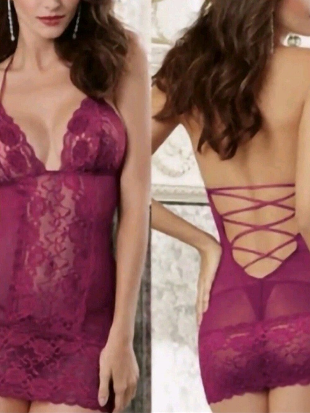 Fuscia Lace-Trim Satin Chemise with Convertible Straps